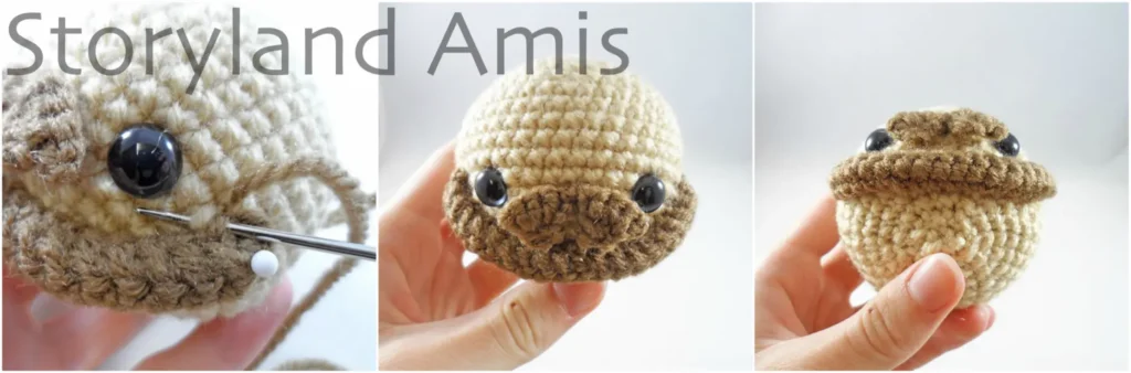 A three-panel image with the first image showing a tapestry needle being used to sew a crocheted beard to an amigurumi doll's head. The last two images show the beard sewn on the doll's head.