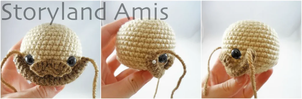 A three-panel image shows a partially finished amigurumi doll head from three different angles. A crocheted beard is pinned to his face underneath a crocheted mustache.