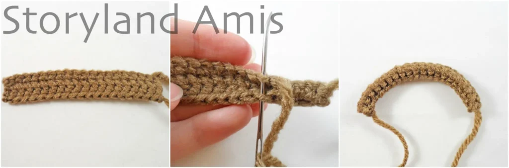 A three-panel image shows the making of a small crocheted beard for an amigurumi doll. The first image shows a long brown crocheted rectangle. The second image shows the crocheted rectangle being sewn together lengthwise using a tapestry needle. The third image shows the piece sewn into a tube shape with two yarn tails hanging from either end of it.