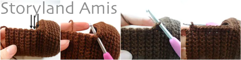 A four-panel image showing the process of a border being crocheted around the bottom edge of a headdress for an amigurumi doll.