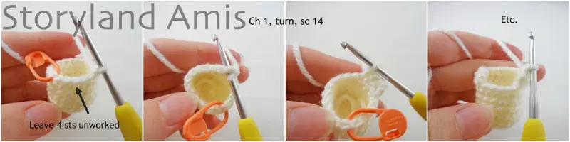 A four-panel image showing step-by-step how to crochet the hood on a swaddle for an amigurumi Baby Jesus doll.