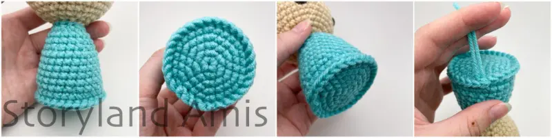 A four-panel image shows an amigurumi doll's body. The first three images show the body from three different angles. The fourth image shows the doll held upside down while a hand pulls up two yarn tails from the base of the body.