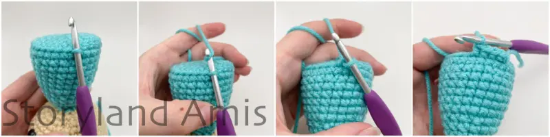 A four-panel image shows a hand using a purple crochet hook to crochet a single crochet base around the bottom of an amigurumi doll's body.