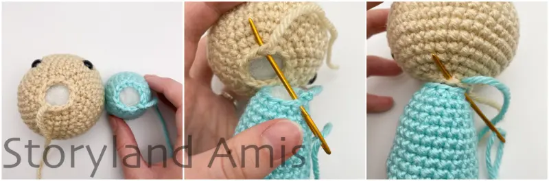 A three-panel image shows an amigurumi body and head being sewn together using a gold tapestry needle.
