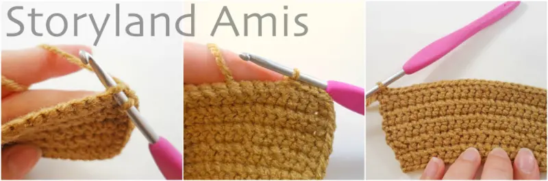 A three-panel image shows a border being crocheted around a brown rectangular crocheted piece.