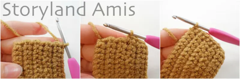 A three-panel image shows a border being crocheted around a brown rectangular crocheted piece.