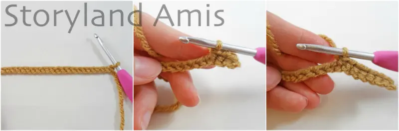 A three-panel image shows a brown single crocheted chain and a hand using a pink crochet hook to work into the chain.