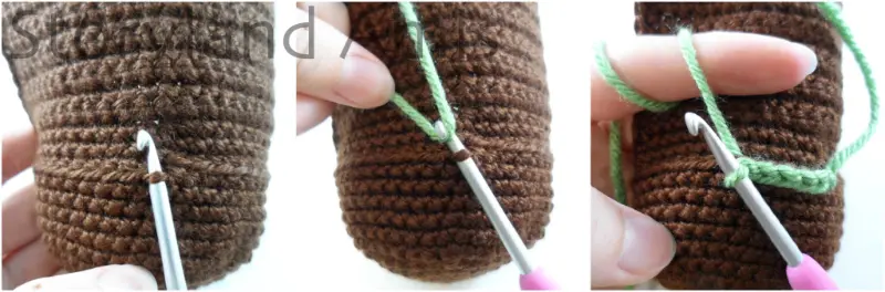 A three-panel image showing a hand using a crochet hook to crochet a green border around a brown crocheted headdress for an amigurumi doll.