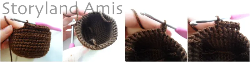 A four-panel image showing the step-by-step process of the bottom part of a crocheted headdress being crocheted for an amigurumi doll.