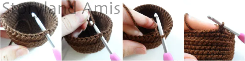 A four-panel image showing the step-by-step process of the bottom part of a crocheted headdress being crocheted for an amigurumi doll.