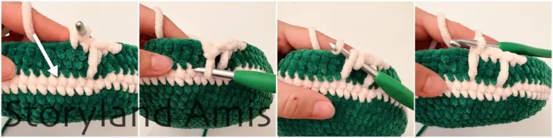 A four-panel image shows step-by-step how to crochet a drop stitch on an amigurumi ornament. 