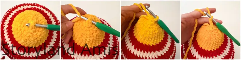 A four-panel image showing the step-by-step process of making a crocheted chain loop on the top of an amigurumi Christmas ornament.
