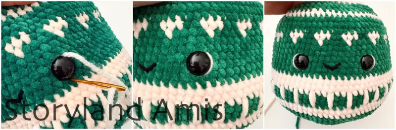 A three-panel image showing the process of embroidering a white stitch along the edge of a safety eye. 