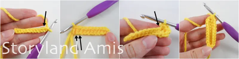A four-panel image shows a hand using a crochet hook to demonstrate how to crochet into both sides of a foundation chain.