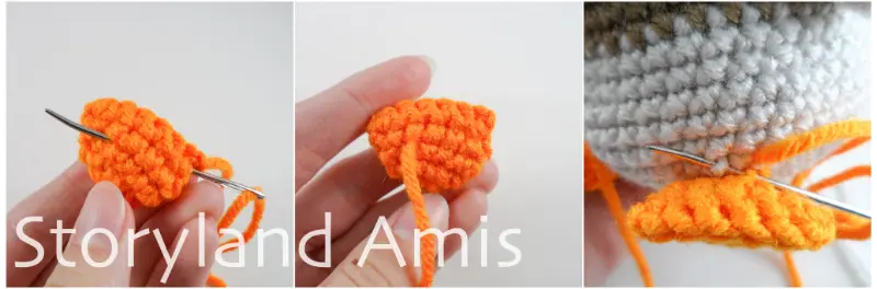A three-panel image. In the first image, a tapestry needle is being inserted through the side of a crocheted duck foot. The second image shows a piece of yarn coming from the side of the same duck foot. The last image shows a close-up of the foot being sewn onto the the front of an amigurumi duck's body.