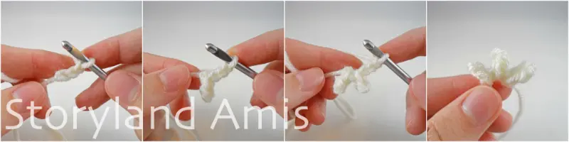 A four-panel image shows a hand using a crochet to demonstrate step-by-step how to crochet claws for an amigurumi sloth.
