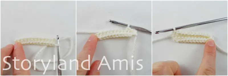 A three-panel image shows a hand using a crochet hook to demonstrate how to crochet into both sides of a foundation chain.
