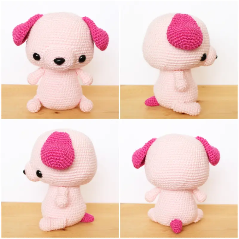 A four-panel collage shows a pink crocheted puppy dog sitting on a wooden table from four different angles.