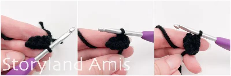 A three-panel image shows a hand using a crochet hook to demonstrate how to crochet into both sides of a foundation chain.