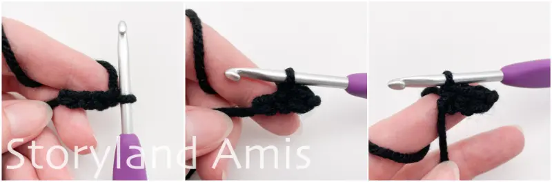 A three-panel image shows a hand using a crochet hook to demonstrate how to crochet into both sides of a foundation chain.