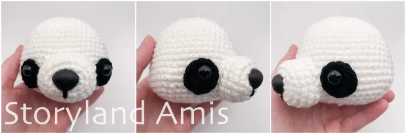 A three-panel image shows a hand holding a partially finished amigurumi panda head from three different angles.