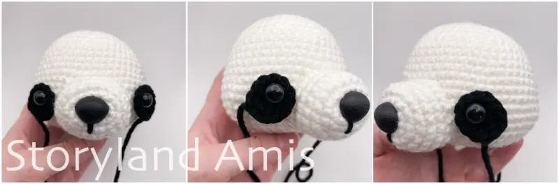 A three-panel image shows a partially finished amigurumi panda head from three different angles.
