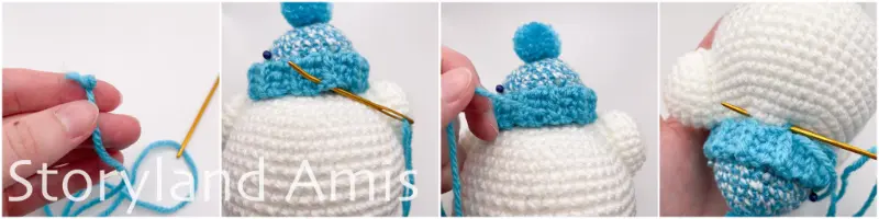 A four-panel image. The first image shows a hand holding a blue piece of yarn with a knotted end. The last three images show a hand using a tapestry needle to sew a blue crocheted stocking cap to the top of an amigurumi polar bear's head.