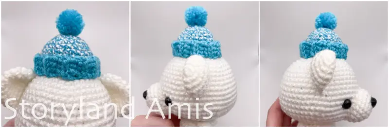 A three-panel collage showing close-up images of an amigurumi polar bear's head wearing a blue stocking cap from three different angles.