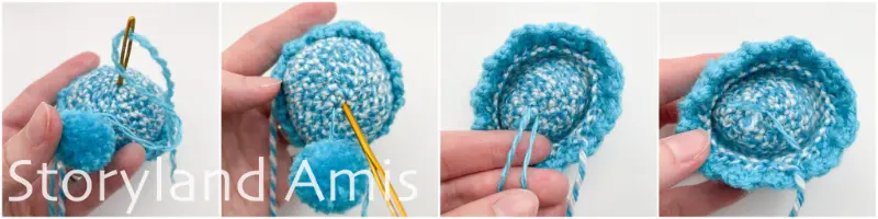 A four-panel image shows step-by-step how to sew a pom pom to the top of a small blue crocheted stocking cap.
