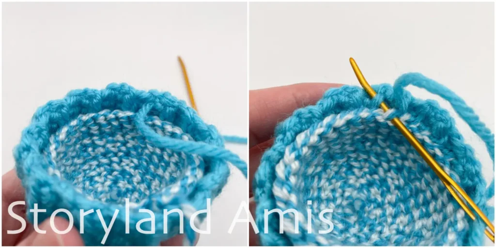 A two-panel image shows a tapestry needle being used to sew a crocheted blue hat band to the bottom edge of a crocheted stocking cap.