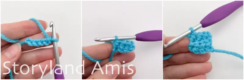 A three-panel image shows a hand using a purple crochet hook to crochet a hat band in light blue yarn.
