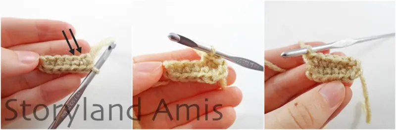 A three-panel image shows a hand using a crochet hook to demonstrate how to crochet into both sides of a foundation chain.