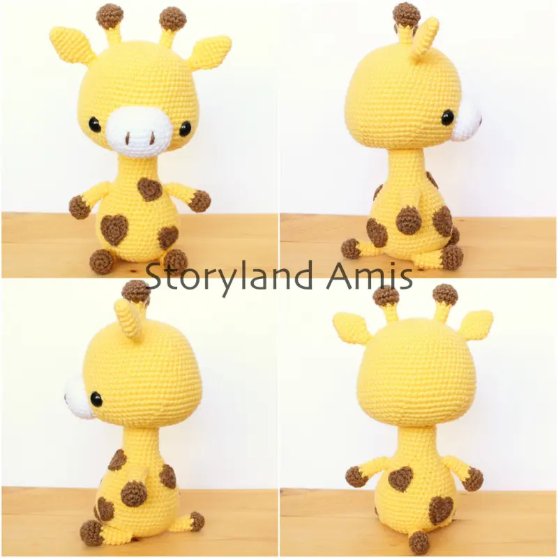 A four-panel collage shows a crocheted amigurumi giraffe from four different angles.