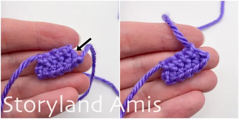 A two-panel image shows a hand holding a small crocheted purple rectangle. In the first image, a black arrow points to one side of the rectangle.
