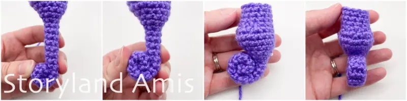A four-panel image shows a hand rolling a purple crocheted seahorse's tail into a roll.