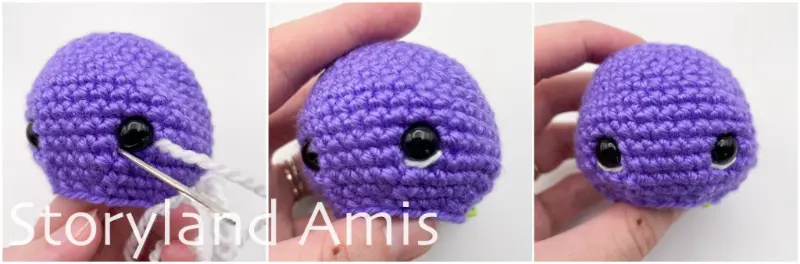 A three-panel image shows a hand using a tapestry needle to embroider a stitch under the eye on an amigurumi seahorse toy.