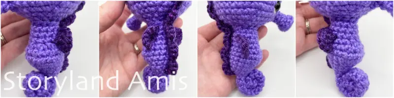 A four-panel image shows close-ups of a purple amigurumi seahorse's body from four different angles.