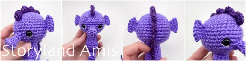 A four-panel image shows close-ups of a purple crocheted seahorse's head from four different angles.