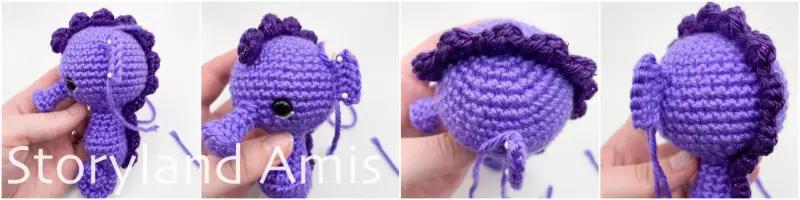 A four-panel image shows close-ups of a purple crocheted seahorse's head from four different angles.