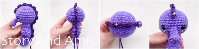 A four-panel image shows a partially finished amigurumi seahorse with a fringe pinned to it's back from four different angles.