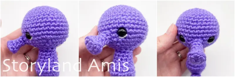 A three-panel image shows close-ups of a partially crocheted purple amigurumi seahorse's head from different angles.