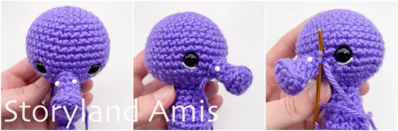 A three-panel image shows a purple crocheted seahorse from three different angles. The seahorse's snout is pinned to the head using straight pins. The third image shows a tapestry needle being used to sew the snout to the head.