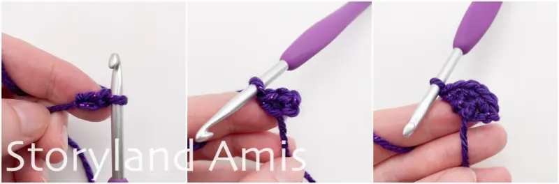 A three-panel image shows a hand using a crochet hook to crochet a small purple fin for an amigurumi seahorse.