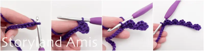 A four-panel image shows the step-by-step process of a hand using a purple crochet hook to crochet a scalloped chain.