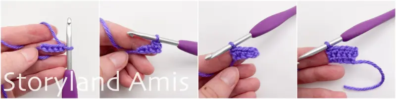 A four-panel image shows the step-by-step process of a hand using a purple crochet hook to crochet a small purple fin for an amigurumi seahorse.
