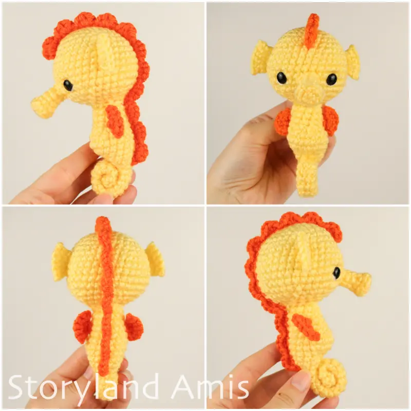 A four-panel image shows a crocheted yellow and orange seahorse toy from four different angles.