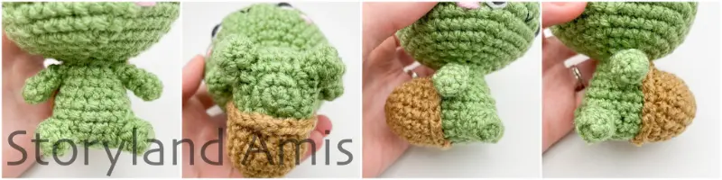 A four-panel image shows close-ups of the bottom half of an amigurumi tortoise from four different angles.
