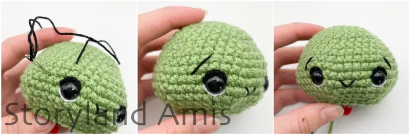 A three-panel image shows a hand holding a partially finished amigurumi tortoise head. The first image shows a needle and thread being used to embroider an eyebrow on the head. 