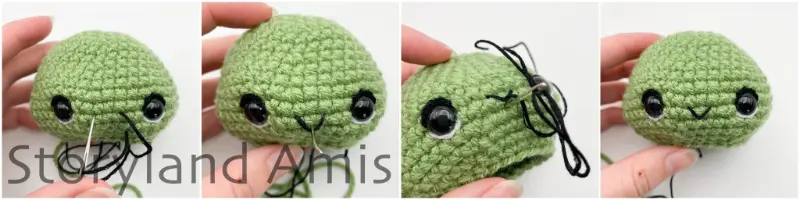 A four-panel image shows the step-by-step process of a hand embroidering a mouth onto an amigurumi tortoise's face. 