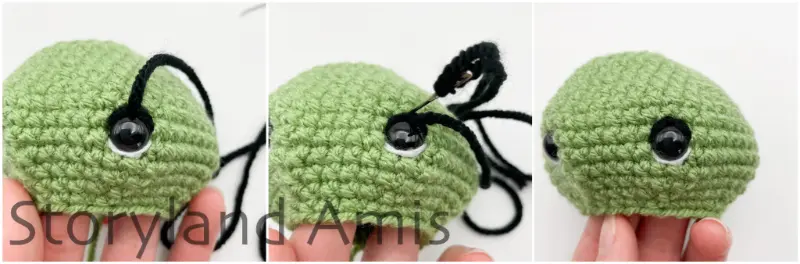 A three-panel image shows the step-by-step process of a hand using a tapestry needle and black yarn to embroider a stitch over the top of an eye on an amigurumi tortoise's head.